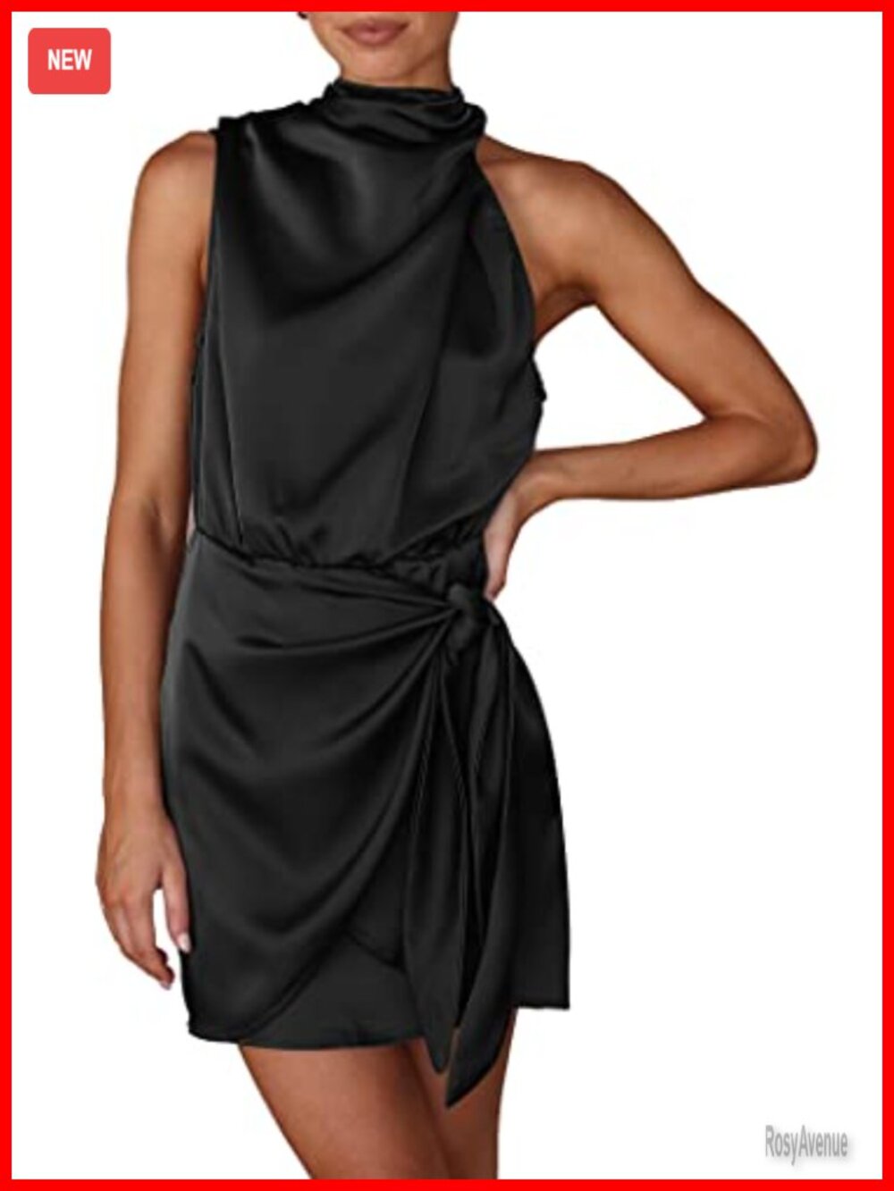 Satin Mini Dress Sleeveless Mock Neck Tie Waist Cocktail Party